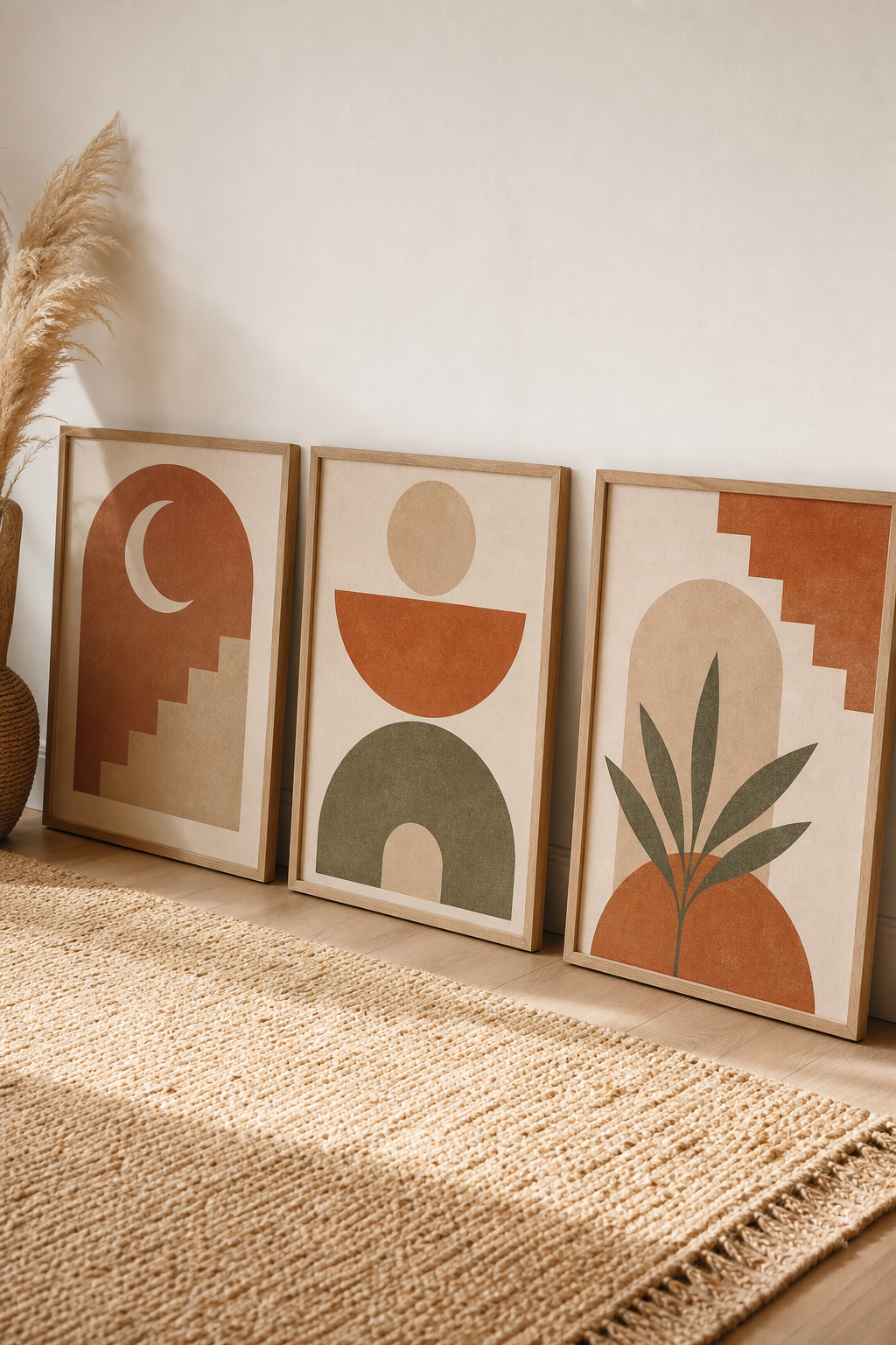 Conjunto de artes geométricas boho em tons terrosos